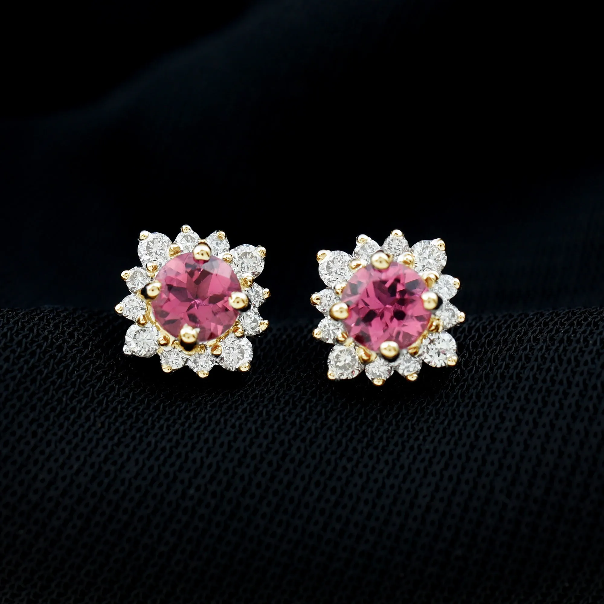 1 CT Classic Pink Tourmaline Stud Earrings with Diamond Halo