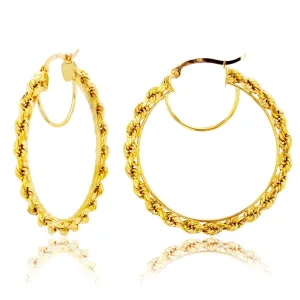 10KT Yellow Gold 38X3MM Hoop Rope Design Earrings