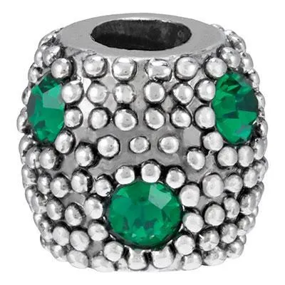 10mm Emerald Rhinestones Bali Style Large Hole Barrel Bead - Rhodium Plated (2 Pieces)