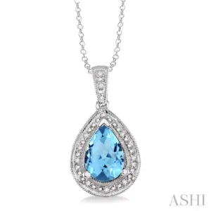 10x7 MM Pear Shape Blue Topaz and 1/20 Ctw Single Cut Diamond Pendant in Sterling Silver with chain