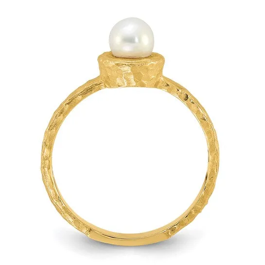 14K Brushed and Hammered 5-6mm Rnd Wht Freshwater Cultured Pearl Ring