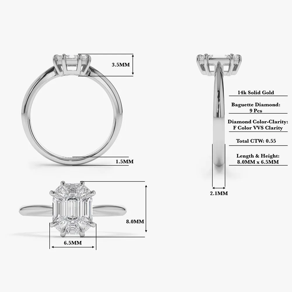 14k Double Claw Step Cut Illusion Solitaire Engagement Ring