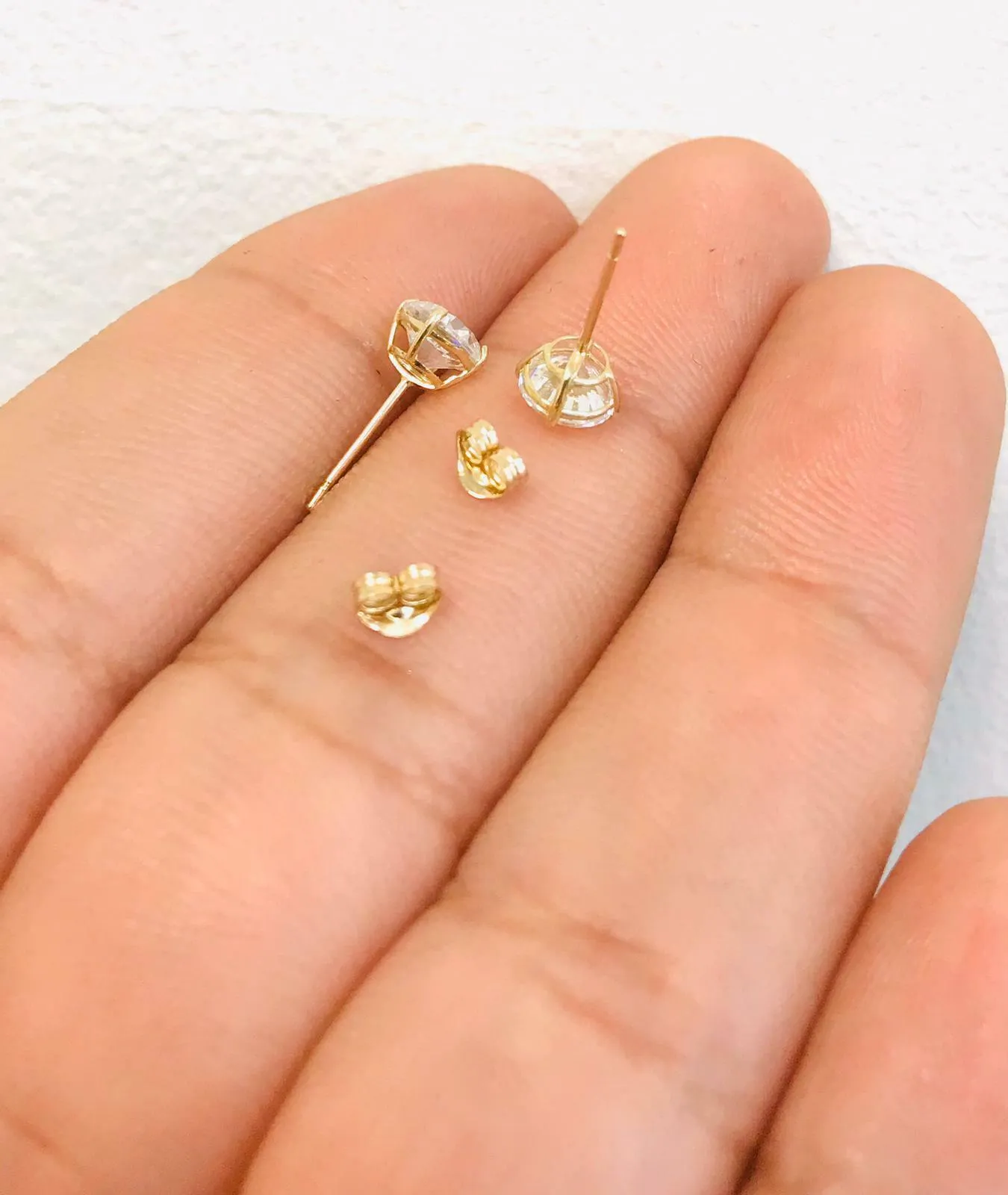 14K Solid Gold Pair Earrings CZ Stud Push Back / Women's Men´s Baby CZ Gold Earrings / Aretes en Oro Real para Mujer y Niños