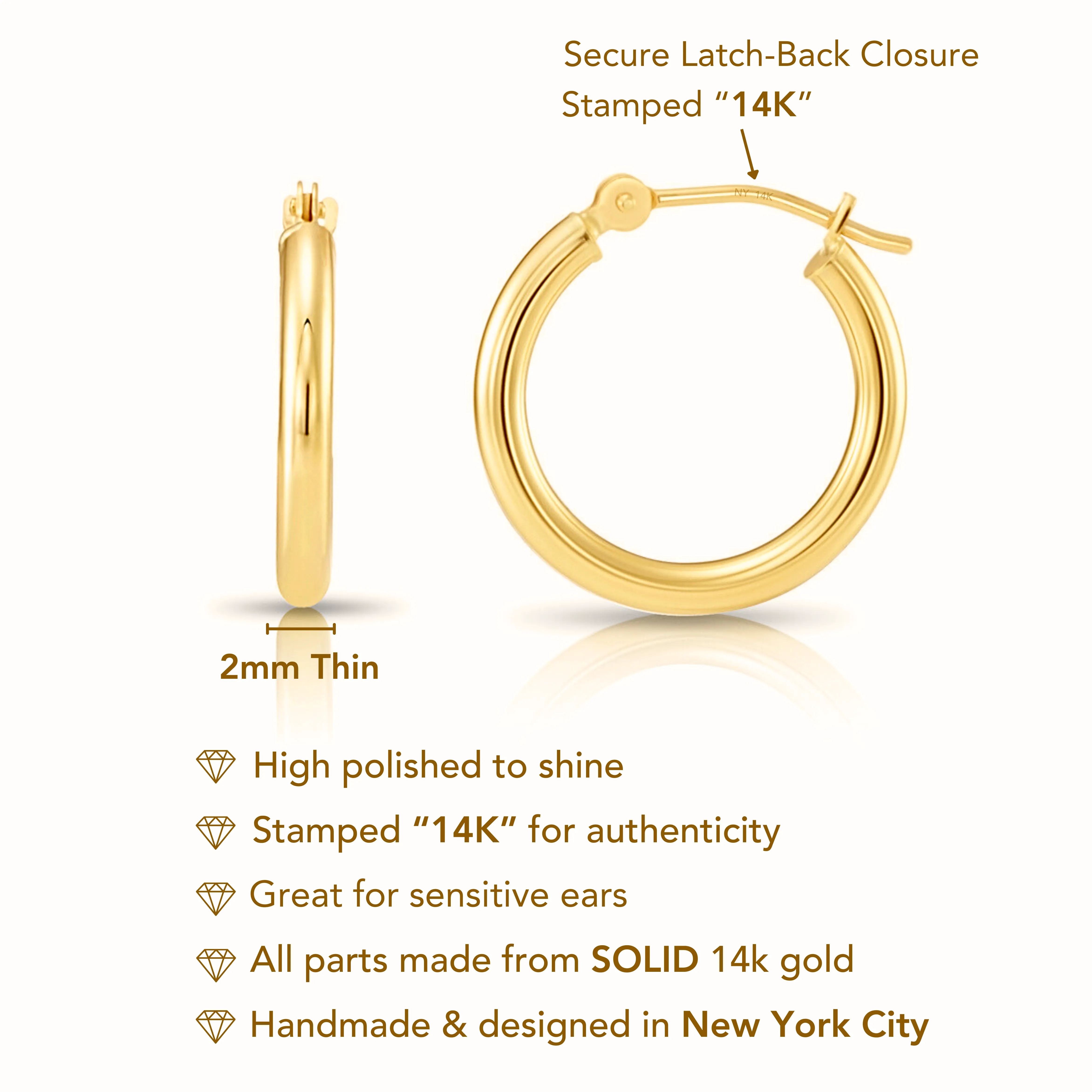 14k Yellow Gold Classic Hoop Earrings, 2mm