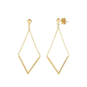 14K Yellow Gold V Shape Bar Hanging On Chain Drop Earrings