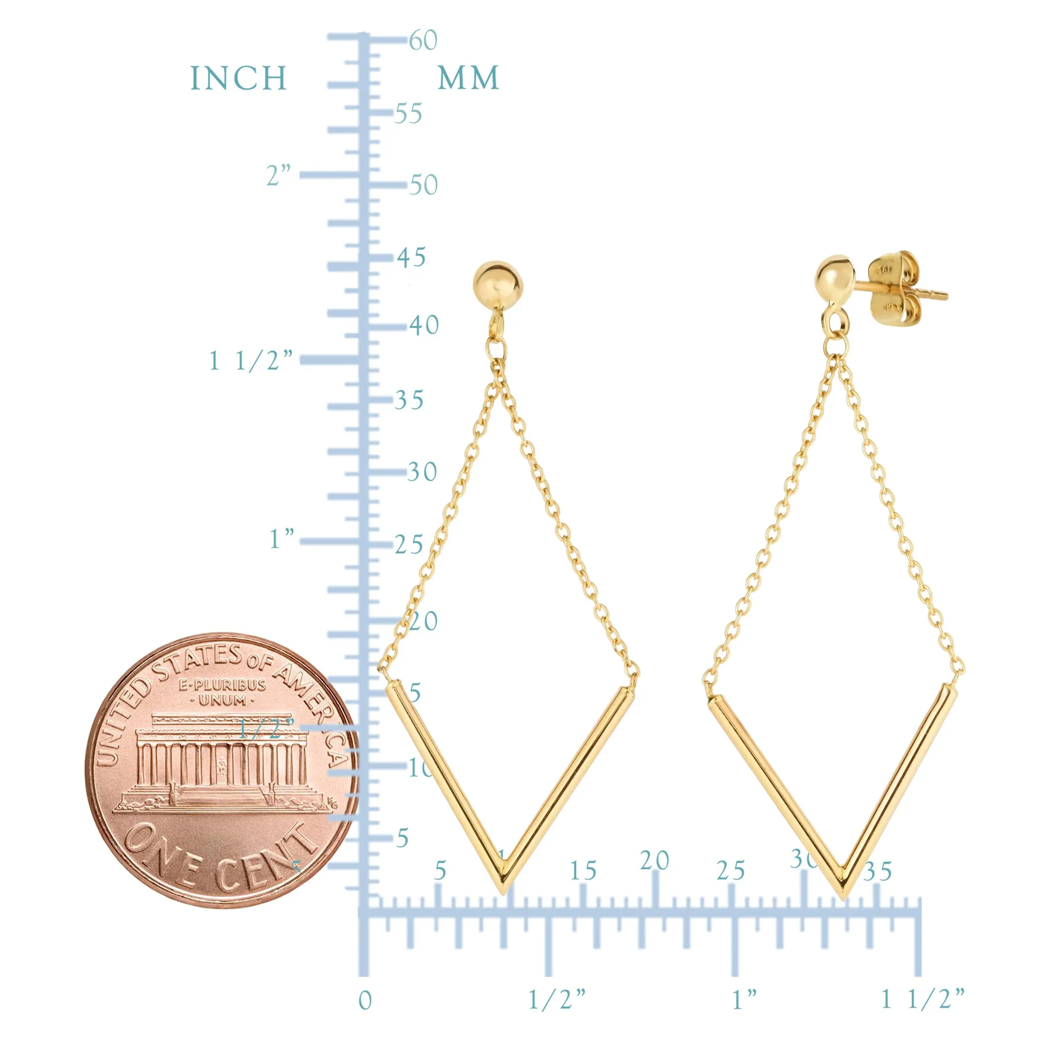 14K Yellow Gold V Shape Bar Hanging On Chain Drop Earrings