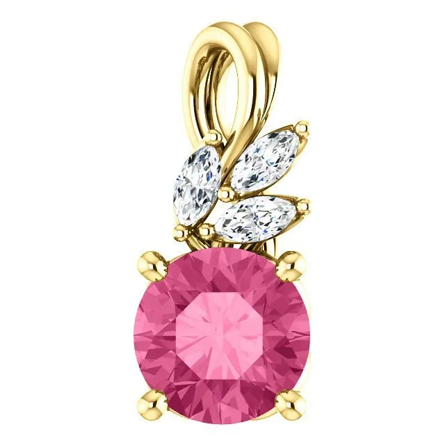 14KT GOLD 0.95 CT PINK TOURMALINE & 1/10 CTW DIAMOND FLORAL PENDANT