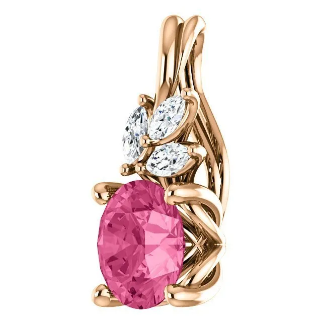 14KT GOLD 0.95 CT PINK TOURMALINE & 1/10 CTW DIAMOND FLORAL PENDANT