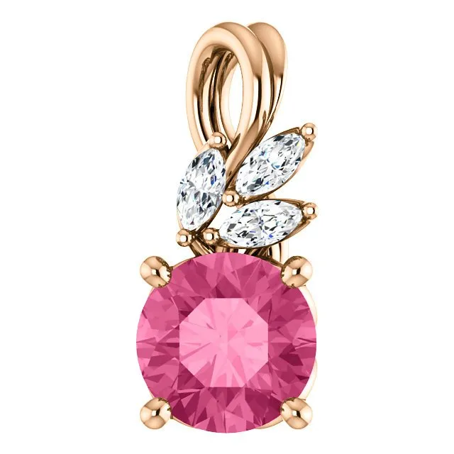 14KT GOLD 0.95 CT PINK TOURMALINE & 1/10 CTW DIAMOND FLORAL PENDANT