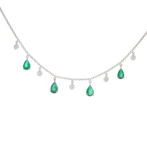 18k White Gold Diamond & Emerald Drop Necklace