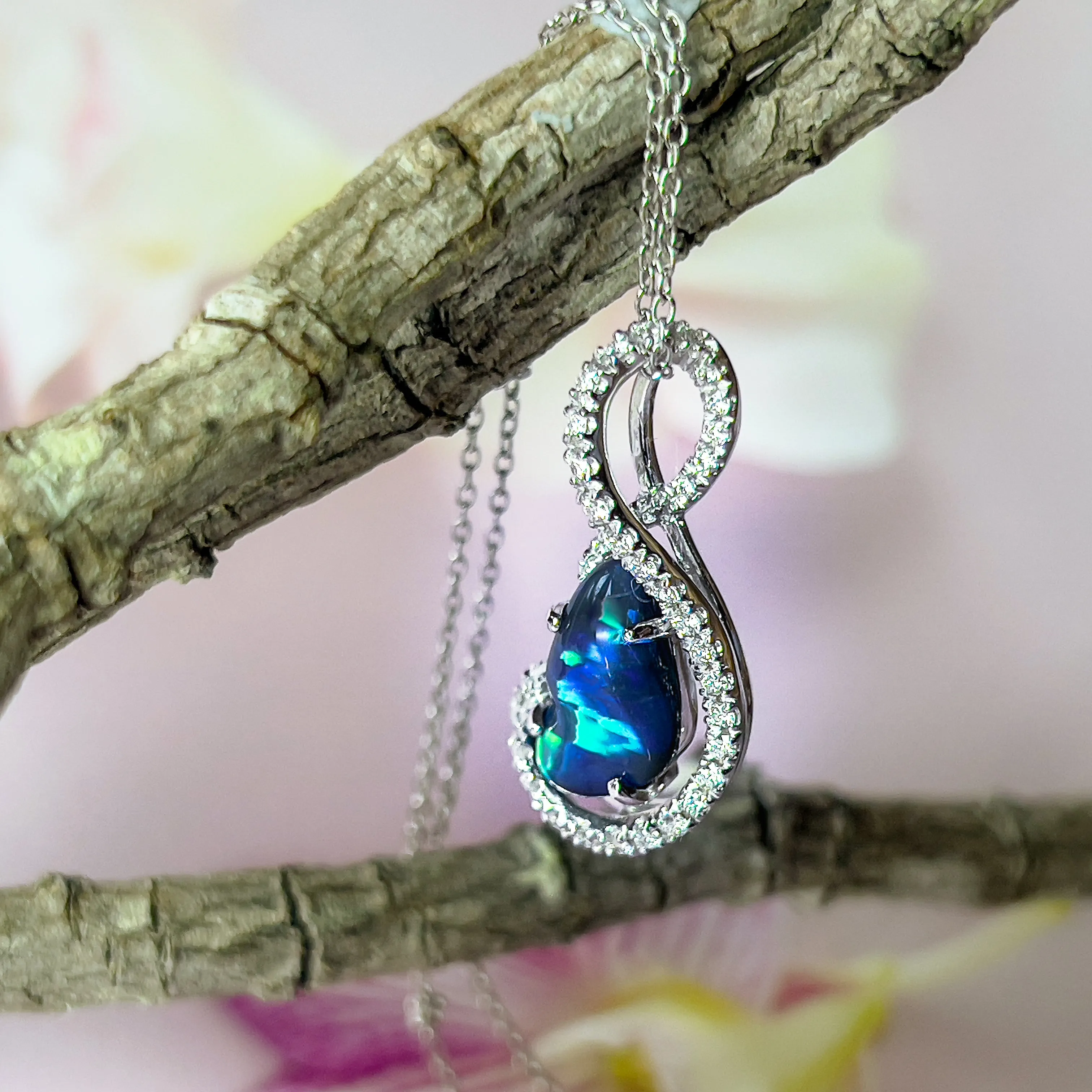 18kt White Gold Black Opal & Diamond Pendant - Exquisite Gold & Silver Opal Necklace Options, Dainty Opal Pendants