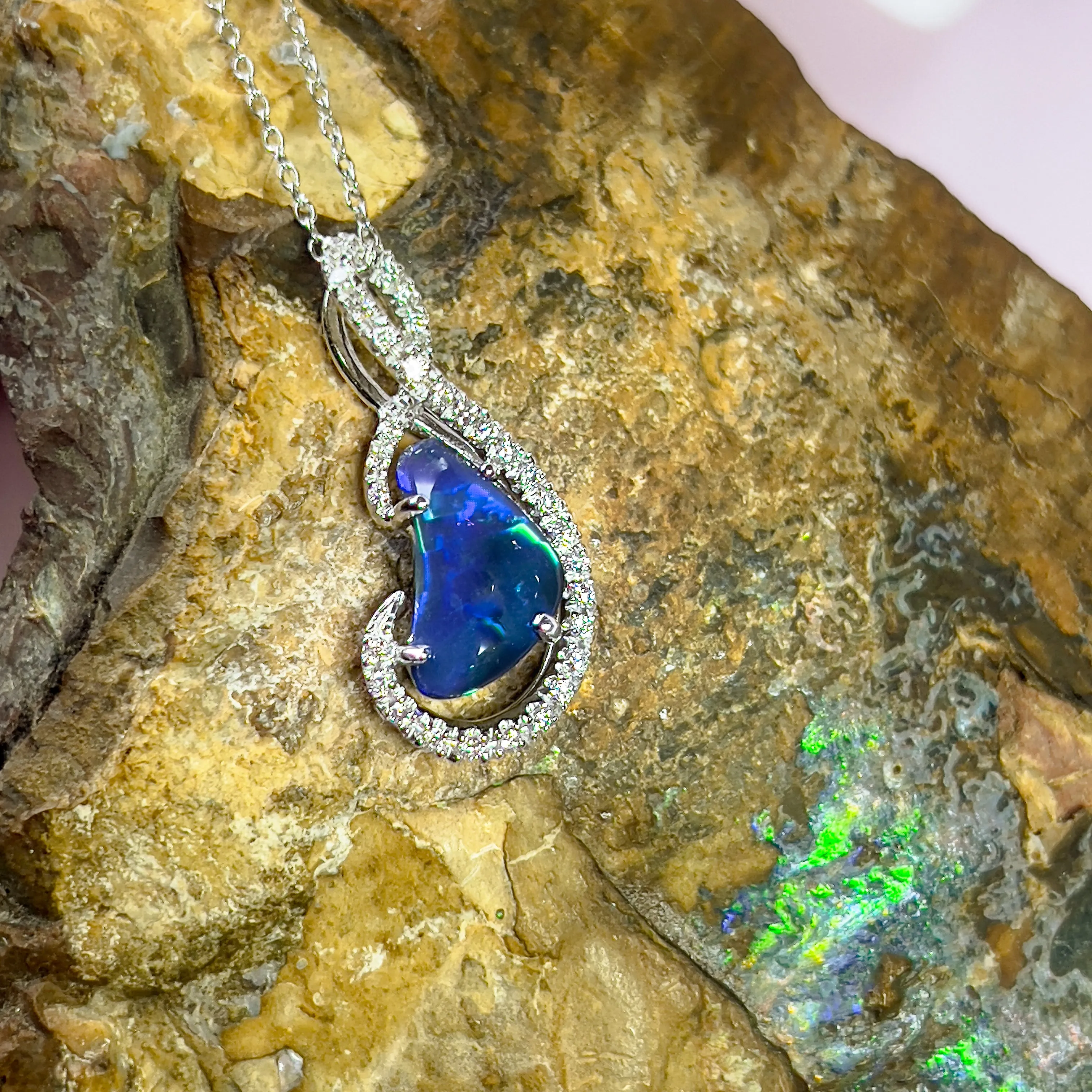 18kt White Gold Black Opal & Diamond Pendant - Exquisite Gold & Silver Opal Necklace Options, Dainty Opal Pendants