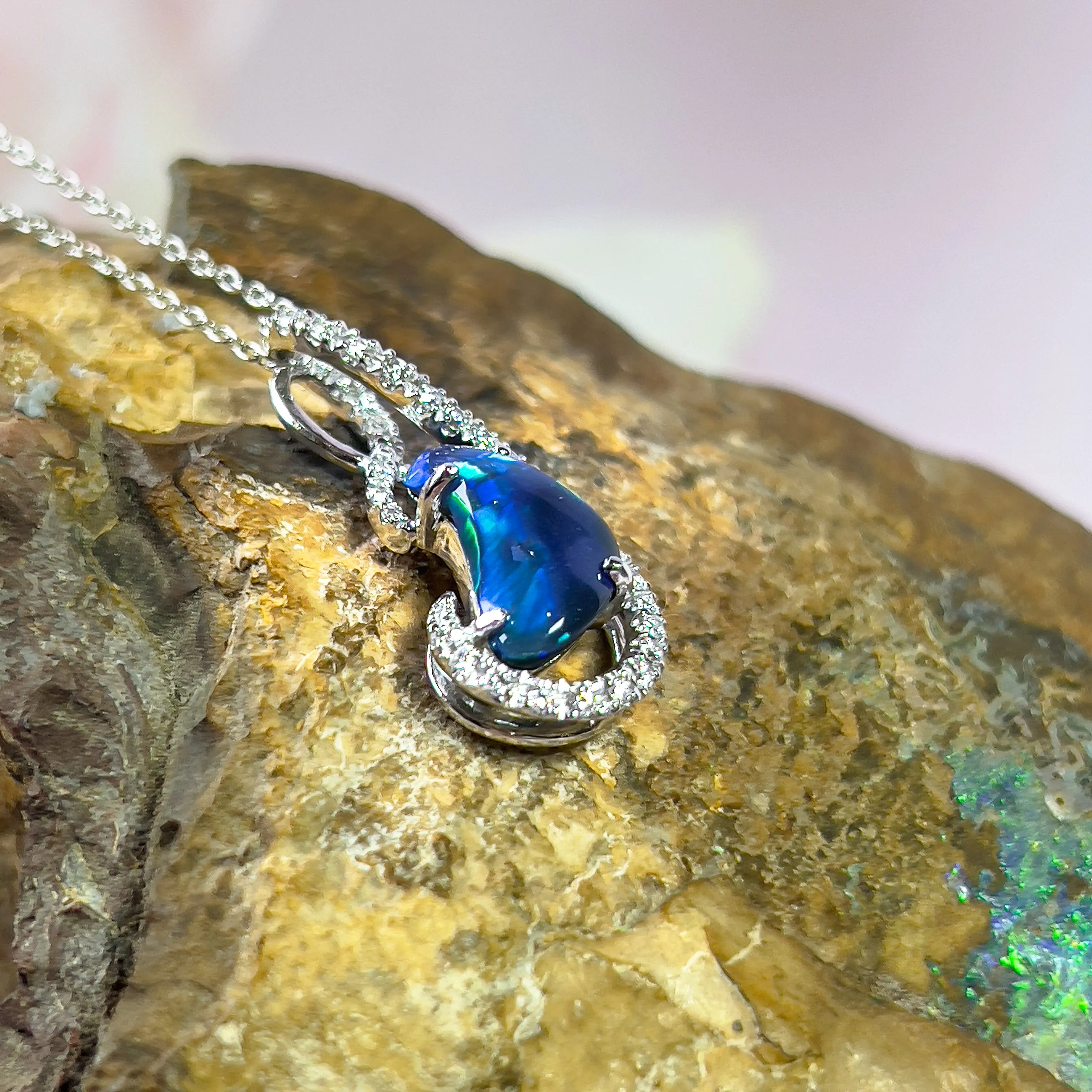 18kt White Gold Black Opal & Diamond Pendant - Exquisite Gold & Silver Opal Necklace Options, Dainty Opal Pendants