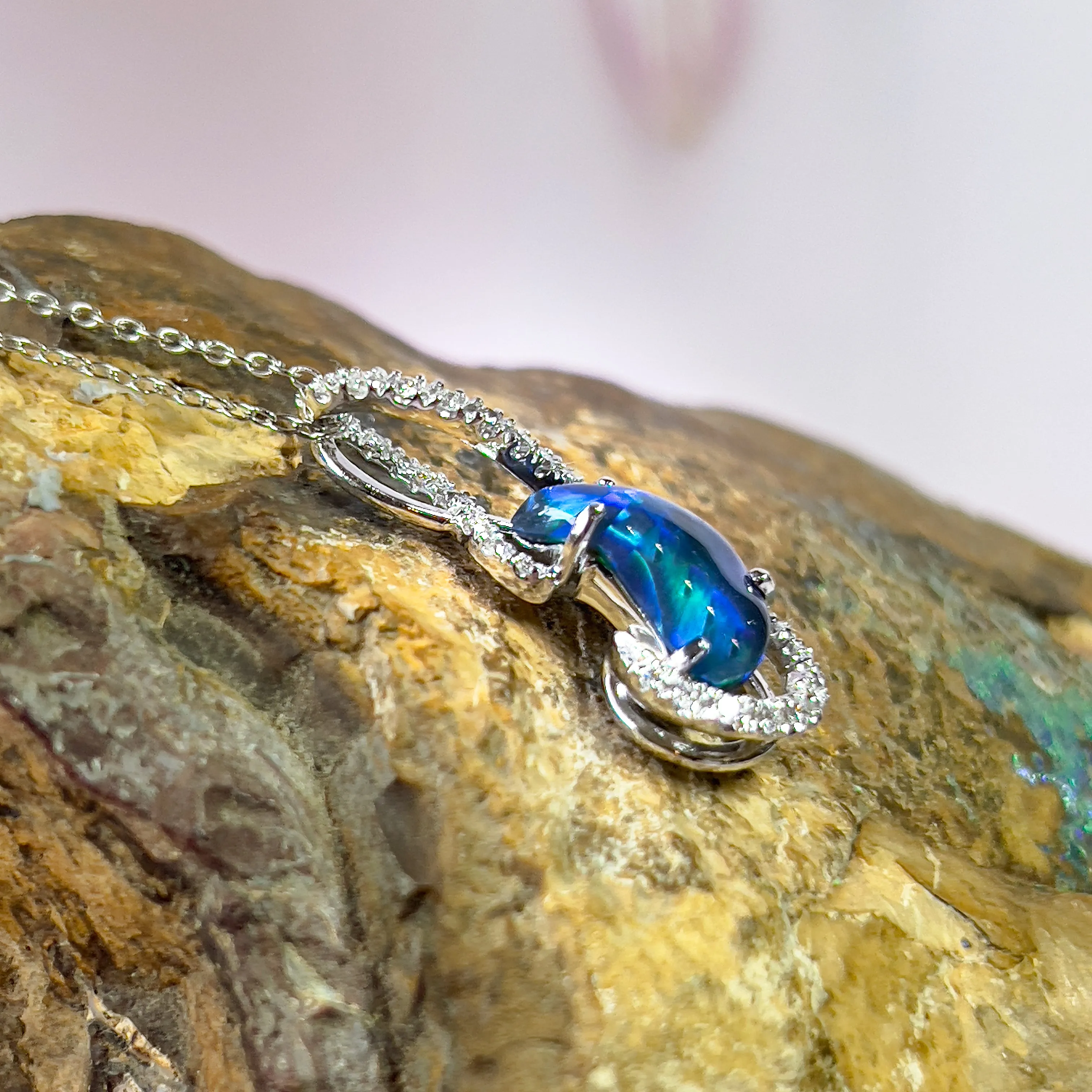 18kt White Gold Black Opal & Diamond Pendant - Exquisite Gold & Silver Opal Necklace Options, Dainty Opal Pendants