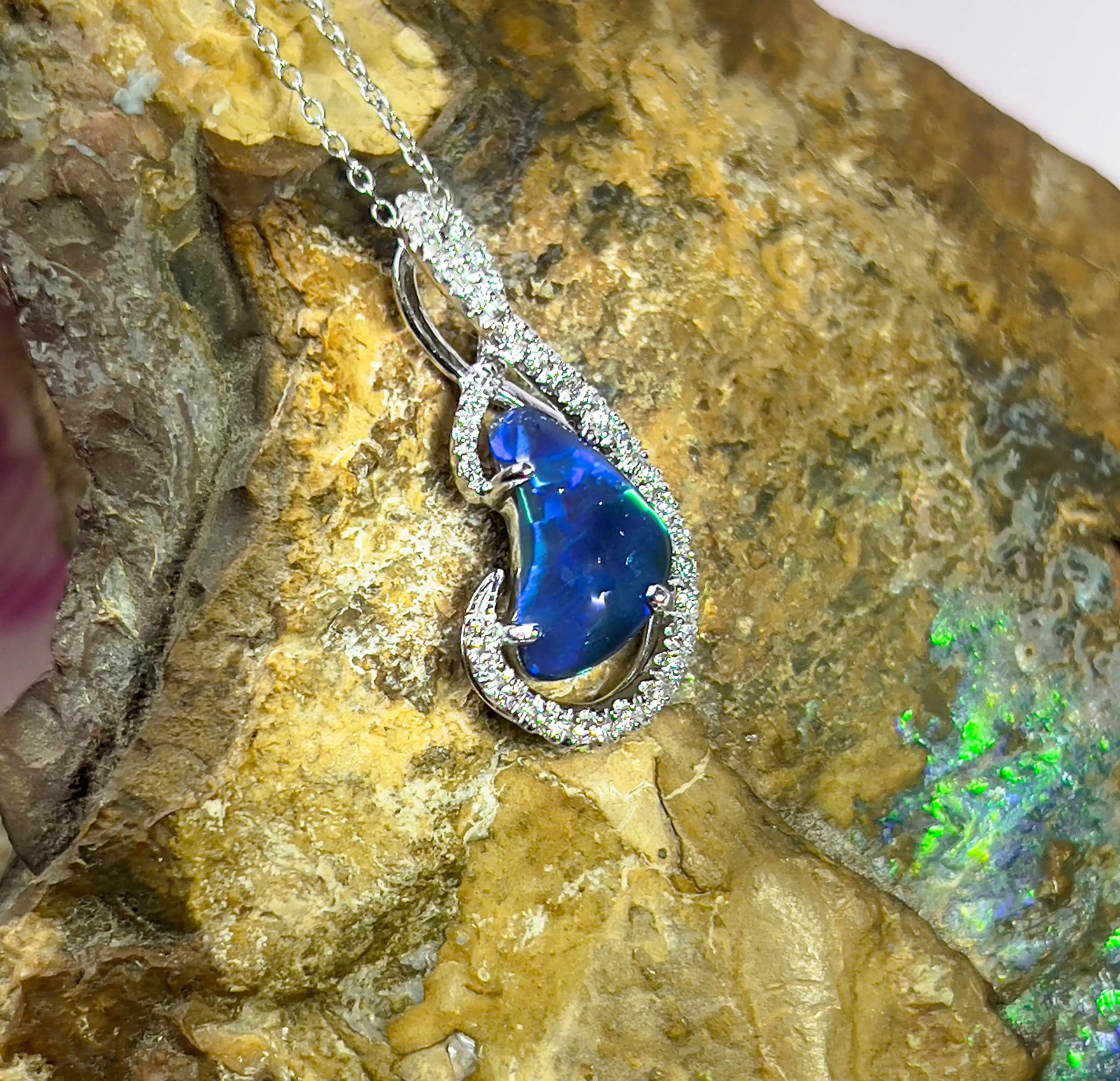 18kt White Gold Black Opal & Diamond Pendant - Exquisite Gold & Silver Opal Necklace Options, Dainty Opal Pendants