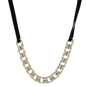 1928 Jewelry Silver Double Curb Chain Black Suede Necklace 16"   3" Extender