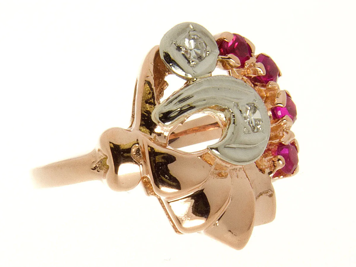 1940s Retro Pink Gold Diamond & Ruby Ring