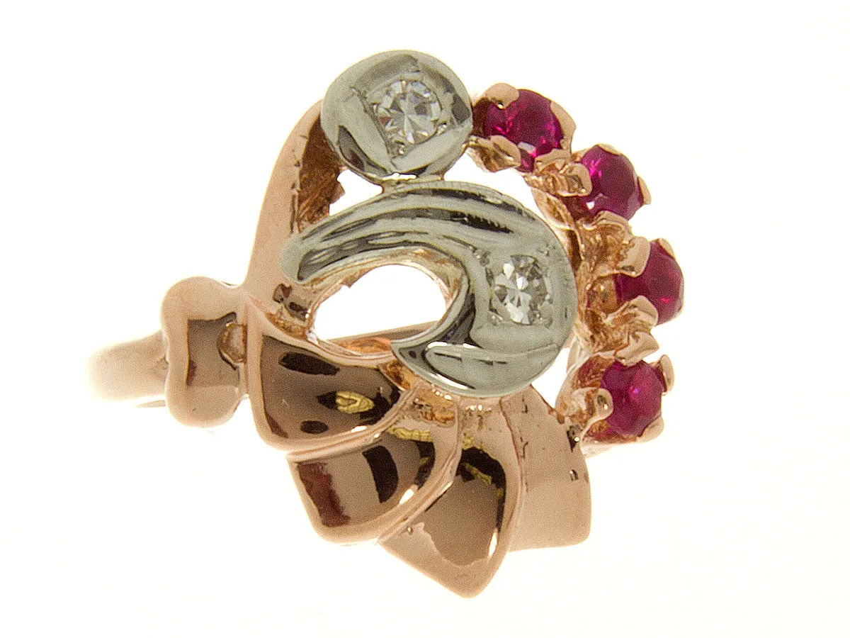 1940s Retro Pink Gold Diamond & Ruby Ring