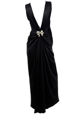 1990s Oscar de la Renta Plunging Back Vintage Evening Dress w/ Rhinestone Bow Brooch