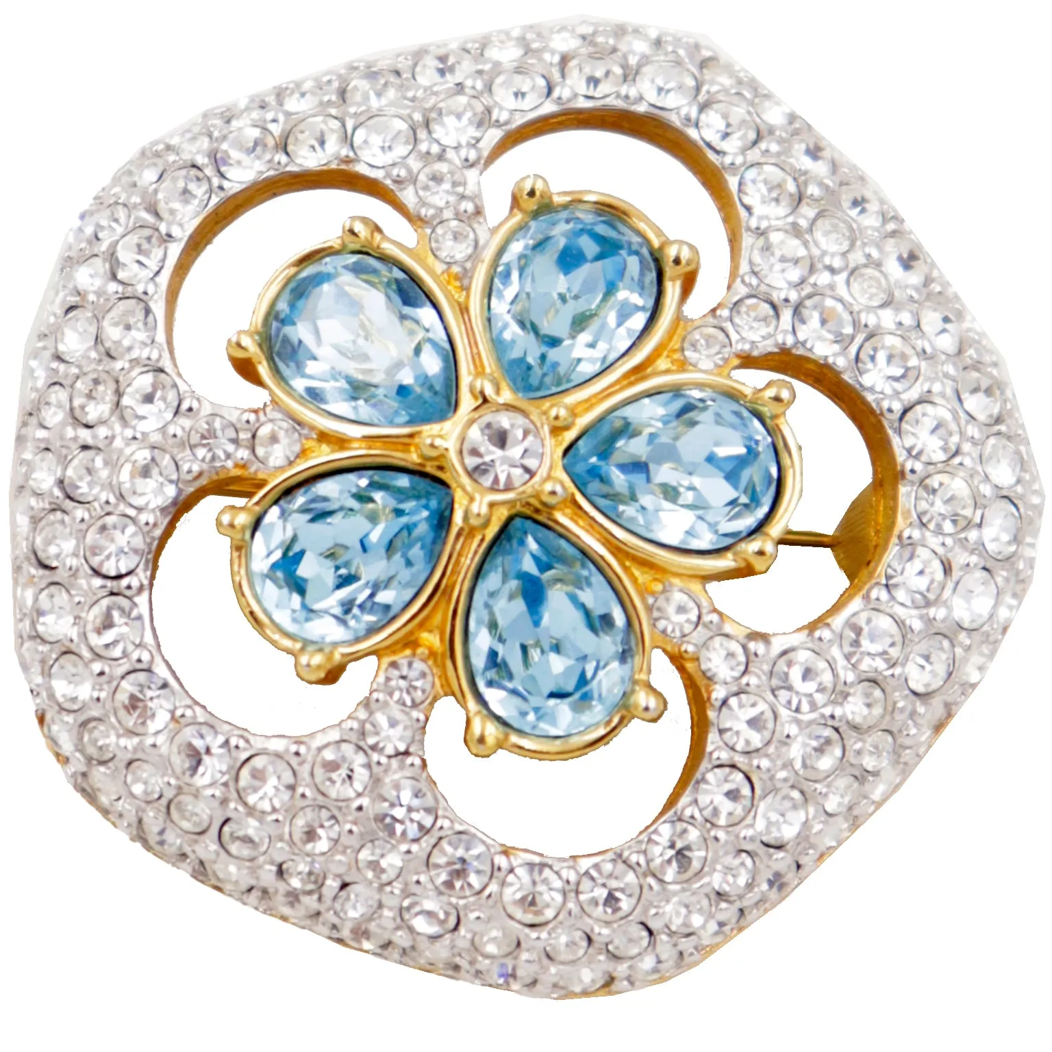 1990s Swarovski Crystal Gold Plated Brooch with Blue & Clear Crystals