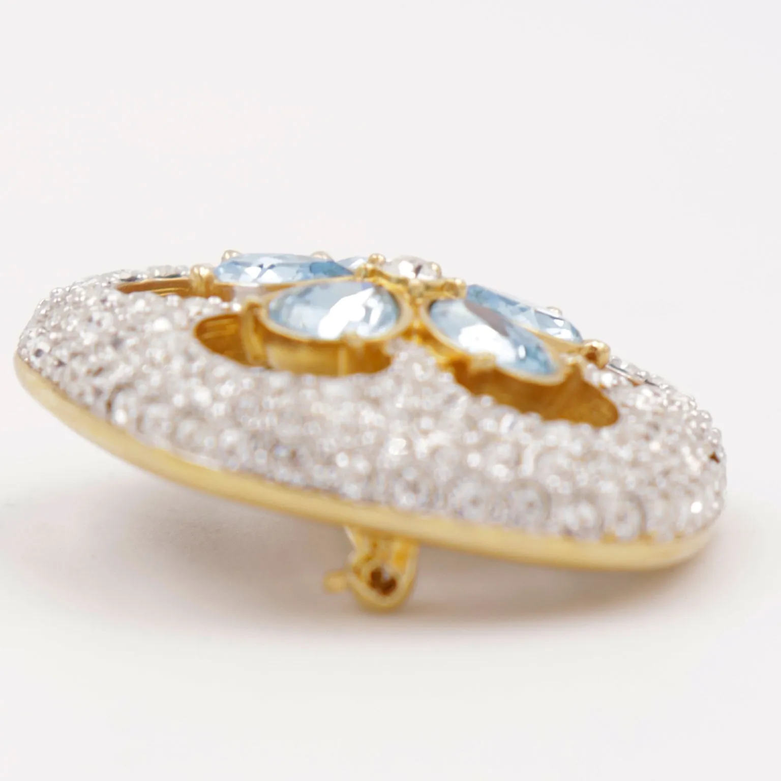 1990s Swarovski Crystal Gold Plated Brooch with Blue & Clear Crystals