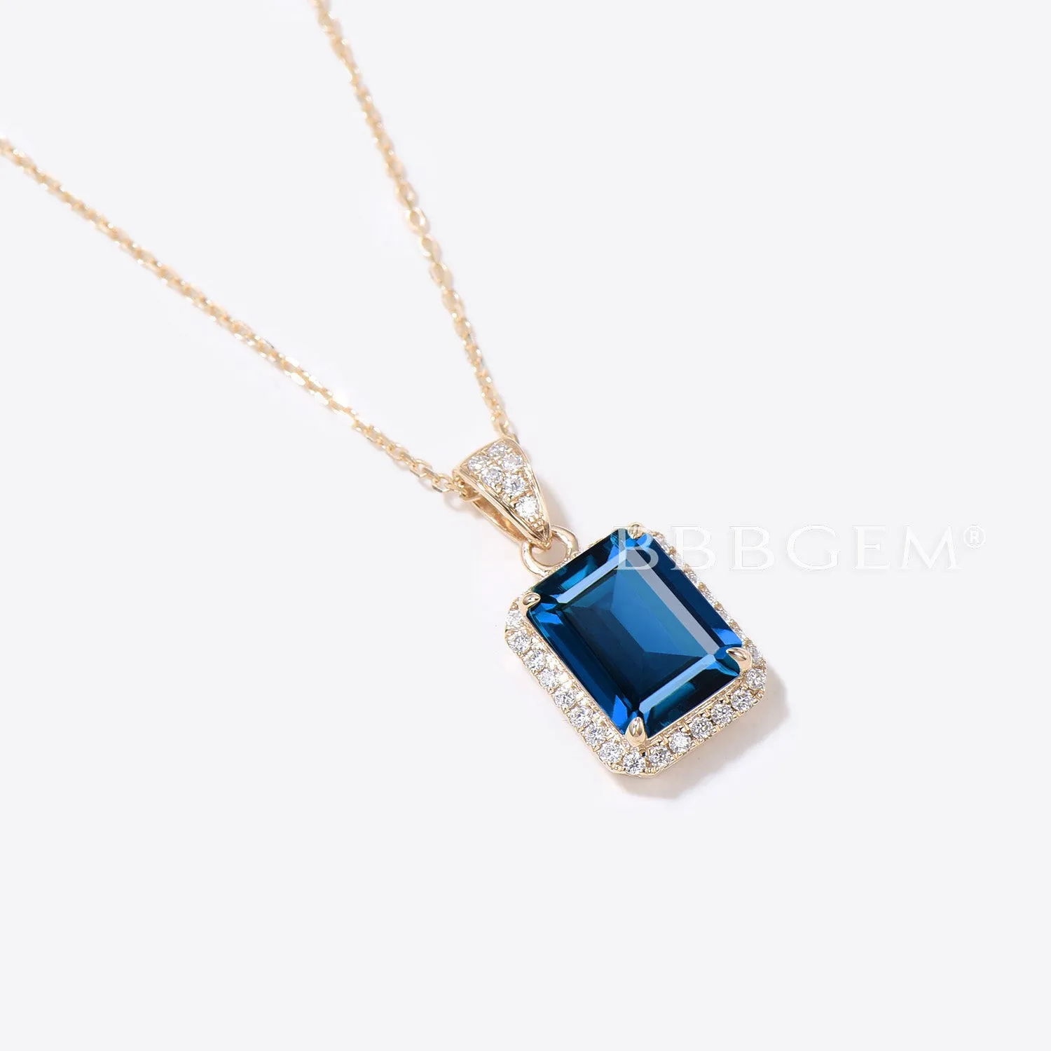 2CT Emerald Cut Blue Sapphire Necklace Halo Diamond Wedding Necklace