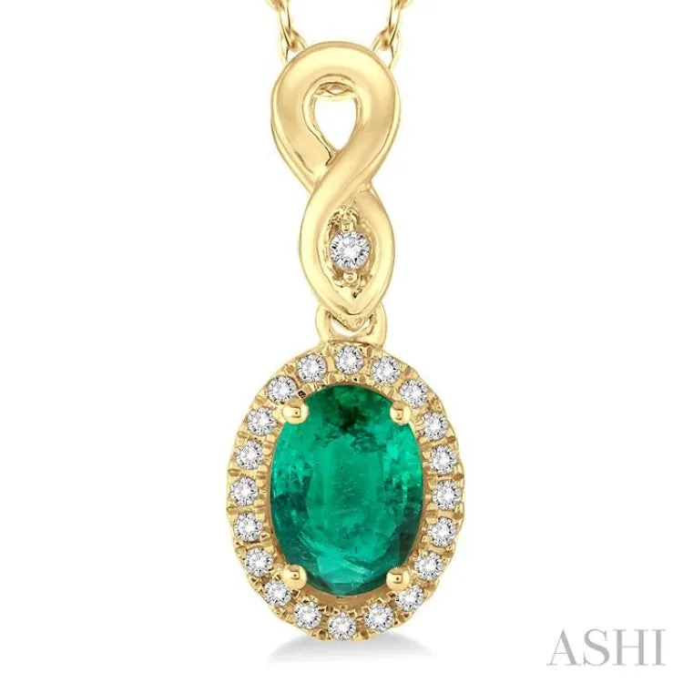 6x4 MM Oval Cut Emerald and 1/10 Ctw Round Cut Diamond Pendant in 10K Yellow Gold with Chain