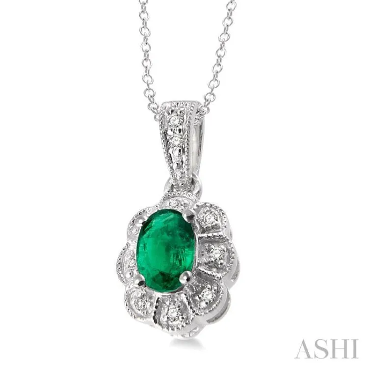 6x4 mm Oval Cut Emerald and 1/20 ctw Single Cut Diamond Pendant in Sterling Silver with Chain