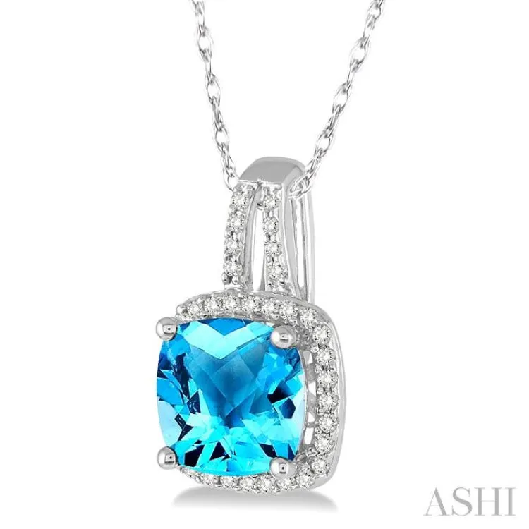 8x8 MM Cushion Cut Blue Topaz and 1/5 Ctw Round Cut Diamond Pendant in 10K White Gold with Chain