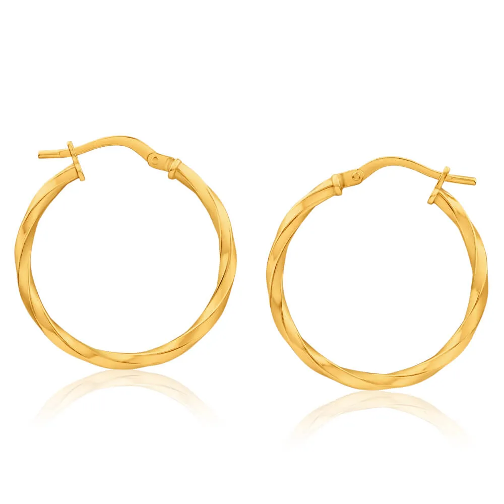 9ct Yellow Gold Silver Filled 20mm  Hoop Earrings with twist pattern