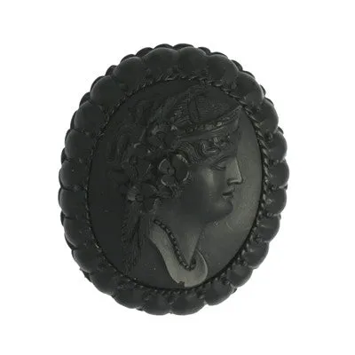 Antique Whitby Jet Carved Patterned Edge Round Victorian Large Brooch