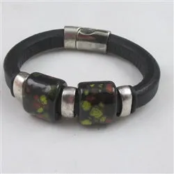 Black Leather Bracelet Red Black  Handmade Ceramic Accents