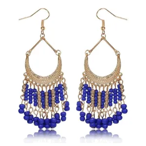 Blue and Gold Seed Bead Chandelier Earrings