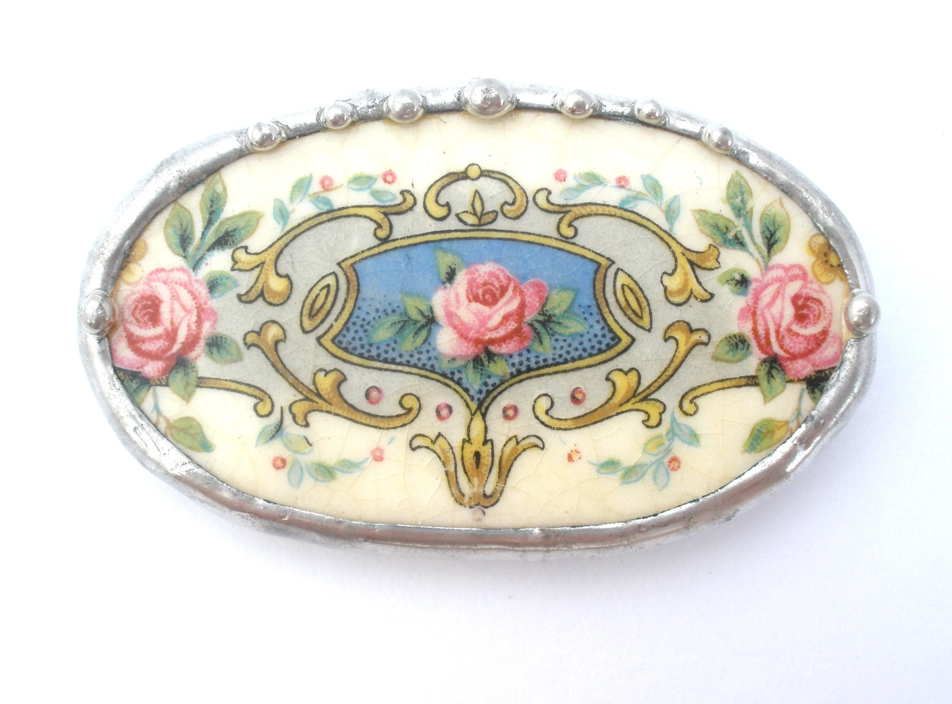 Broken China Rose Oval Brooch Vintage