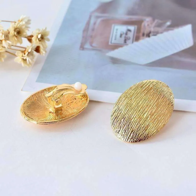 Brushed Gold Oval Disk Clip-On Earrings for Women