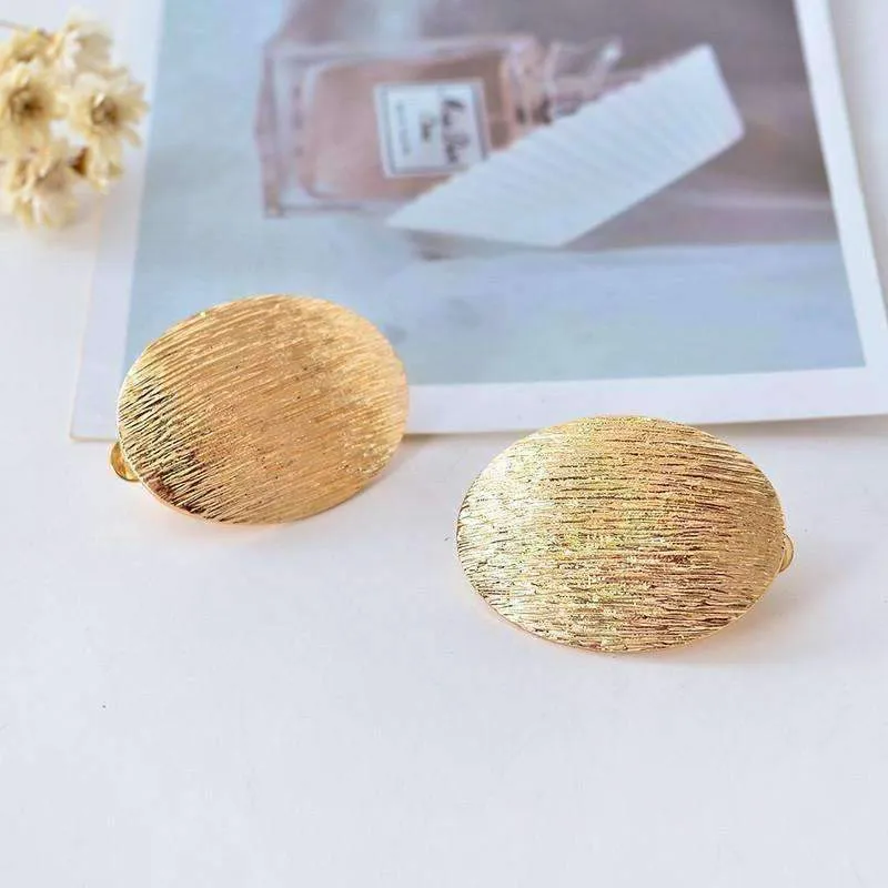 Brushed Gold Oval Disk Clip-On Earrings for Women