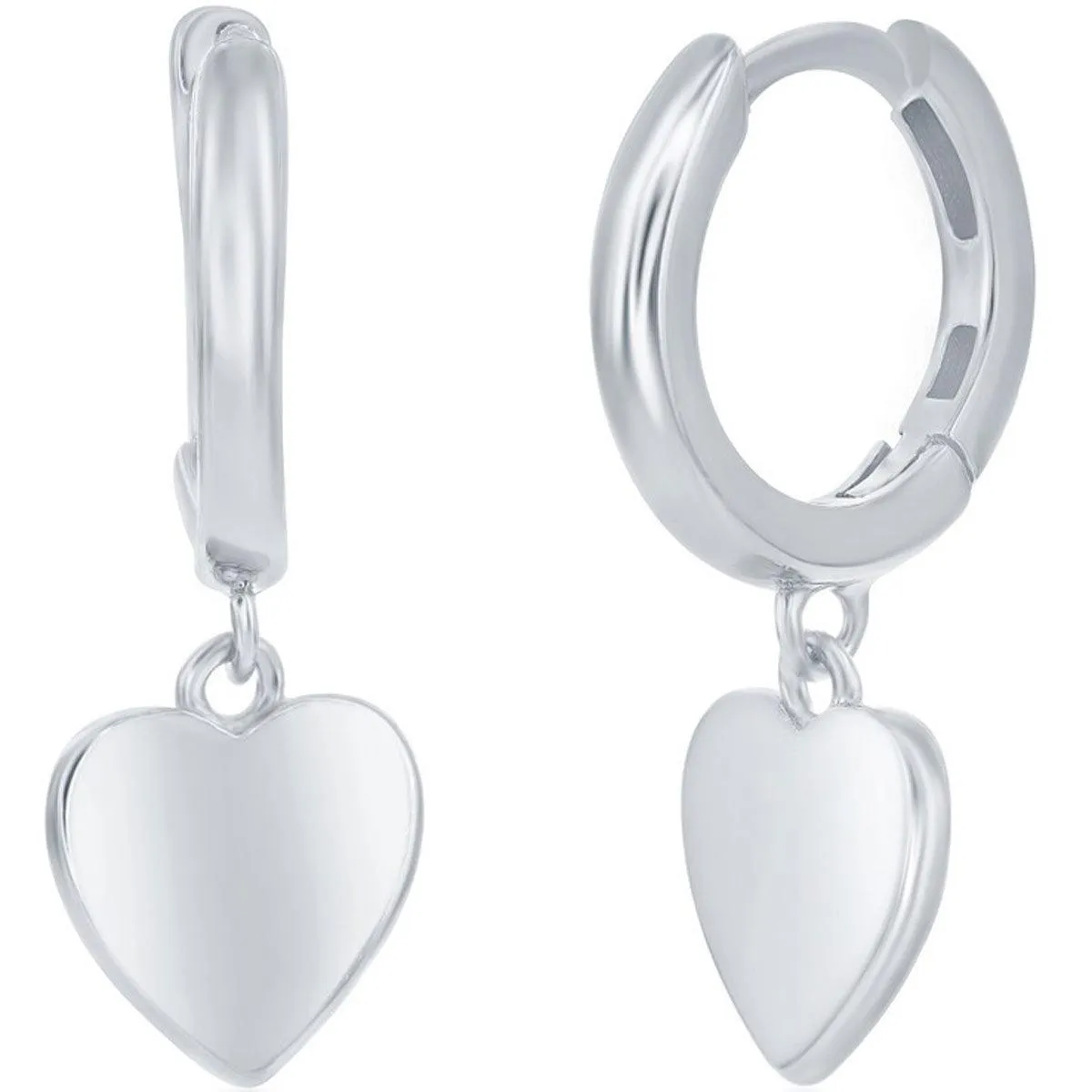 Classic Women's Earrings - Sterling Silver Heart Charm Hoop Hinged Closure | A-2677