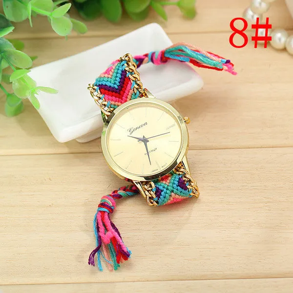 Fashion Geneva Watches Women Quartz Watches Multicolor Friendship Watch Braided Rope Bracelet Watch