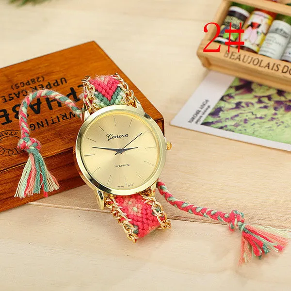 Fashion Geneva Watches Women Quartz Watches Multicolor Friendship Watch Braided Rope Bracelet Watch