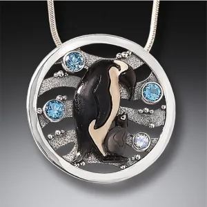 Fossilized Mammoth Tusk , Blue Topaz, Sterling Silver Emperor Penguin Necklace