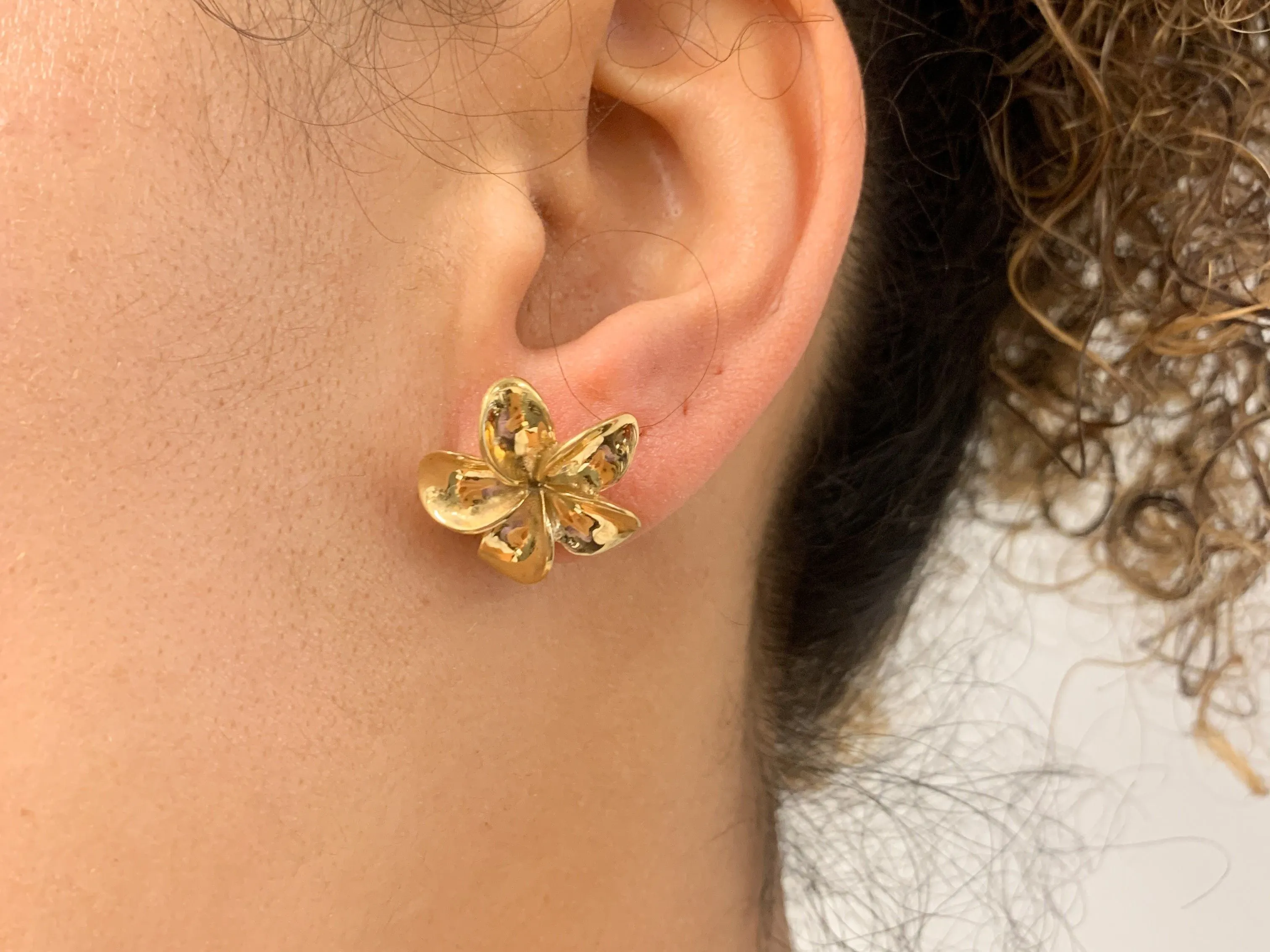 Gold Flower Earrings - Large Plumeria Studs - Hawaiian Summer Earrings