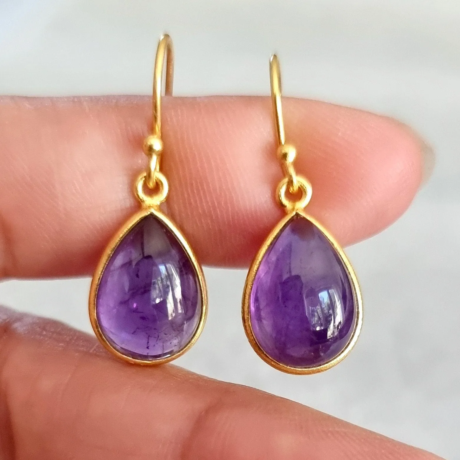 Gold Plated 925 Silver Teardrop Amethyst Earrings, E94A