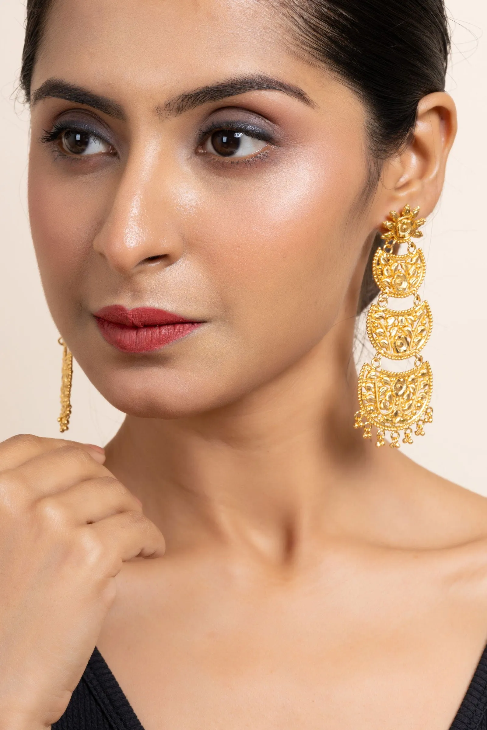 Gold Plated Three Layer Chandbali Earrings with Floral Design - Copper Based Jewelry