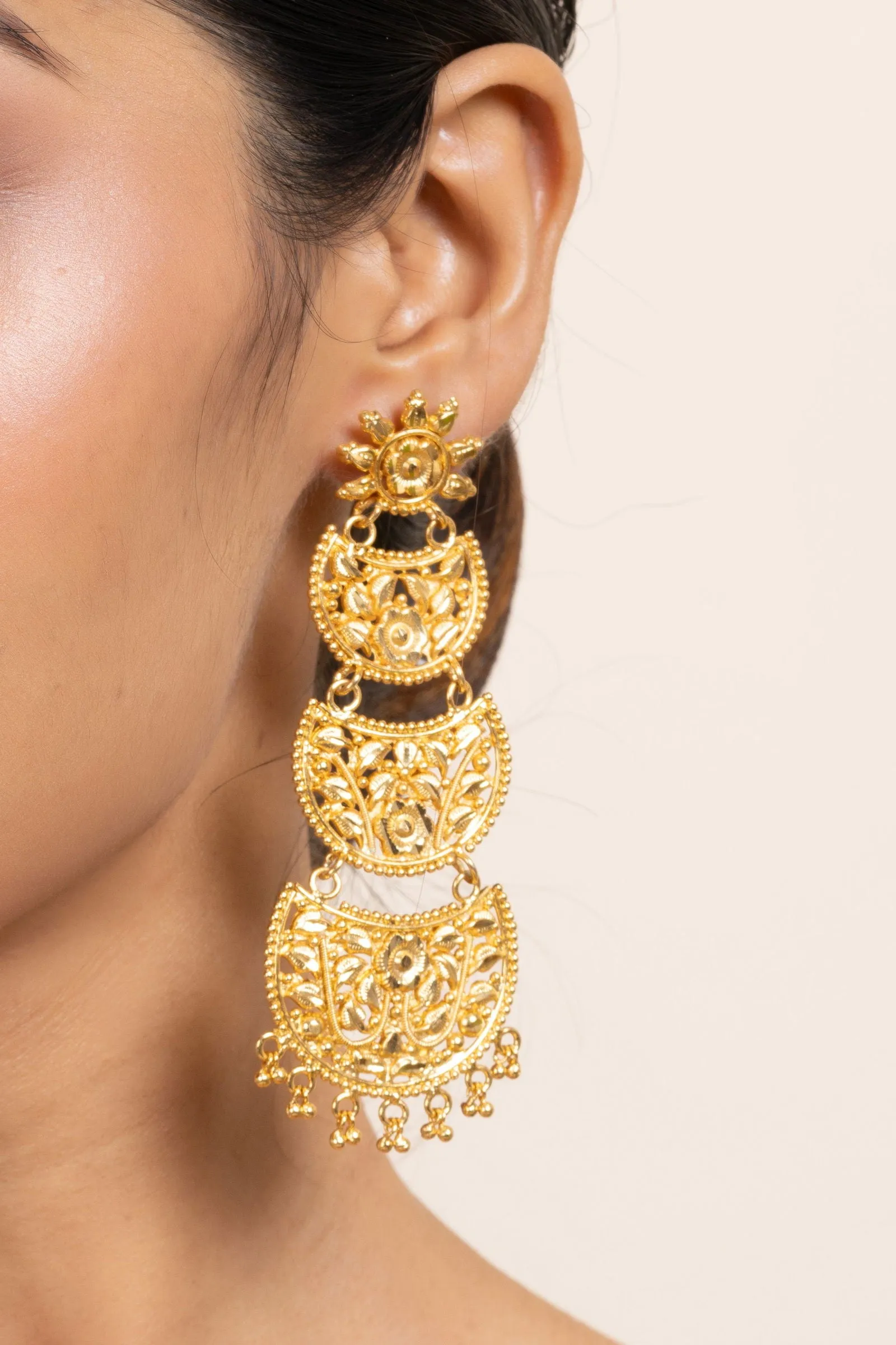 Gold Plated Three Layer Chandbali Earrings with Floral Design - Copper Based Jewelry