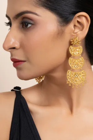 Gold Plated Three Layer Chandbali Earrings with Floral Design - Copper Based Jewelry