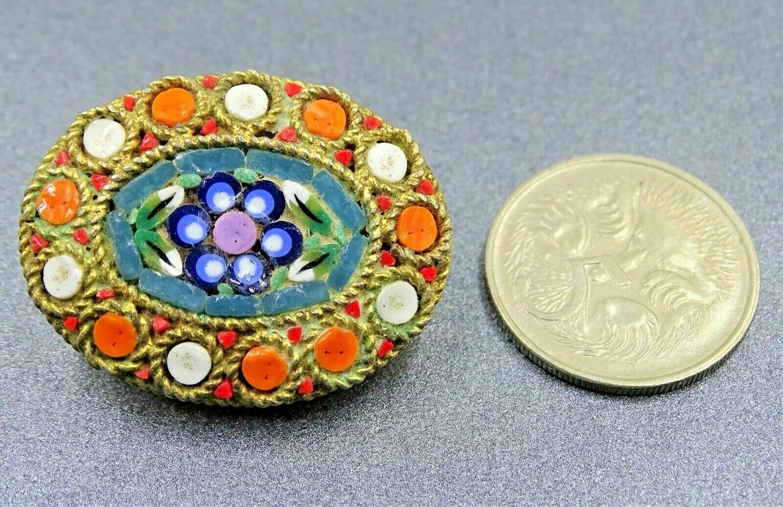 Gold Toned Italian Glass Tiled Micro Mosaic Brooch/Pin