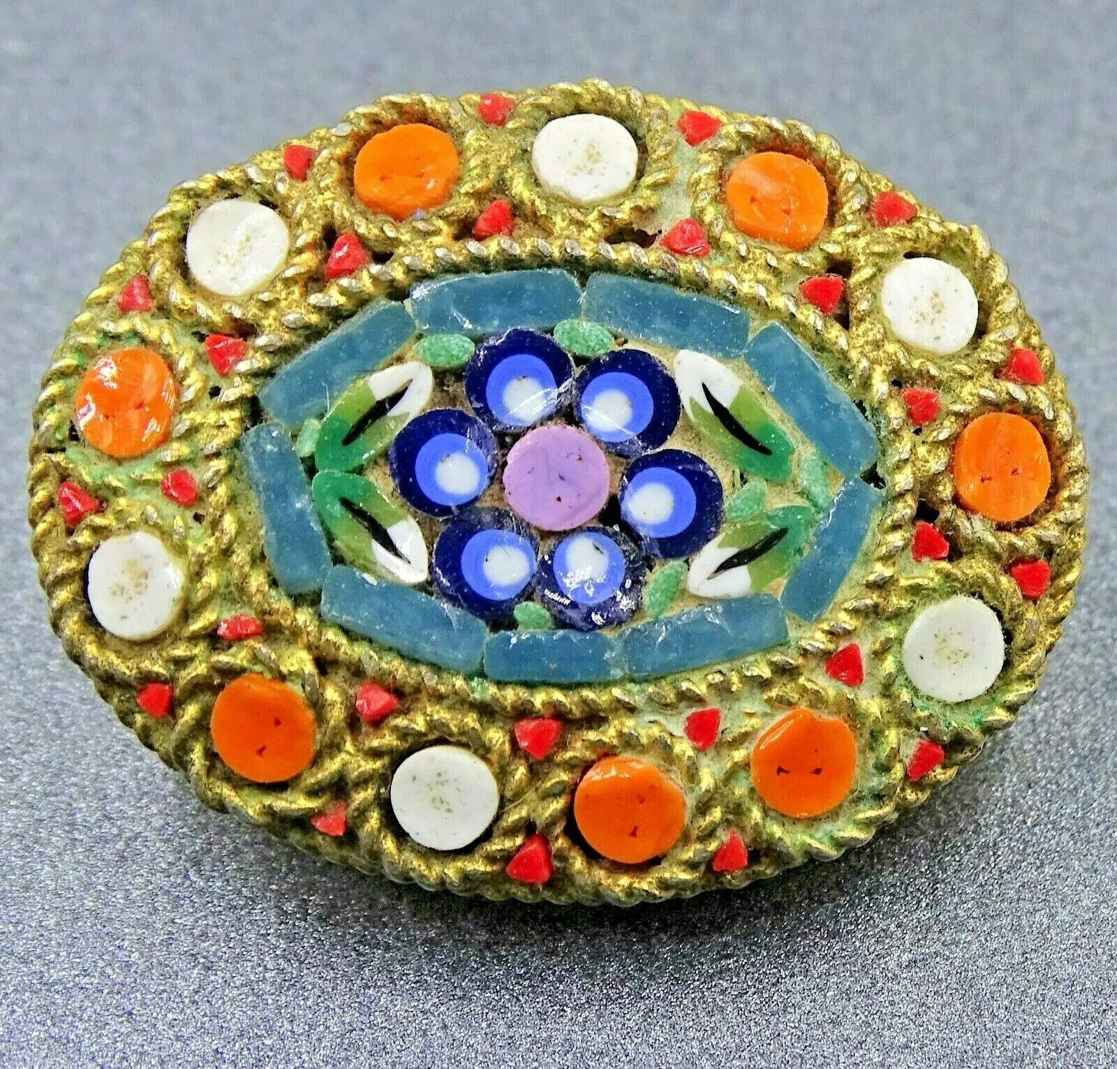 Gold Toned Italian Glass Tiled Micro Mosaic Brooch/Pin