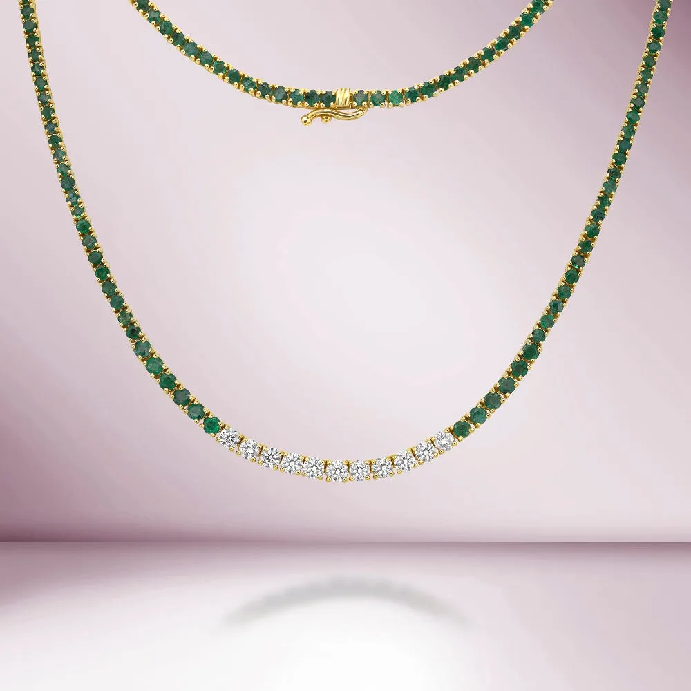 Graduated Emerald & Diamond Tennis Necklace (7.65 ct.) 4-Prongs Setting in 14K Gold