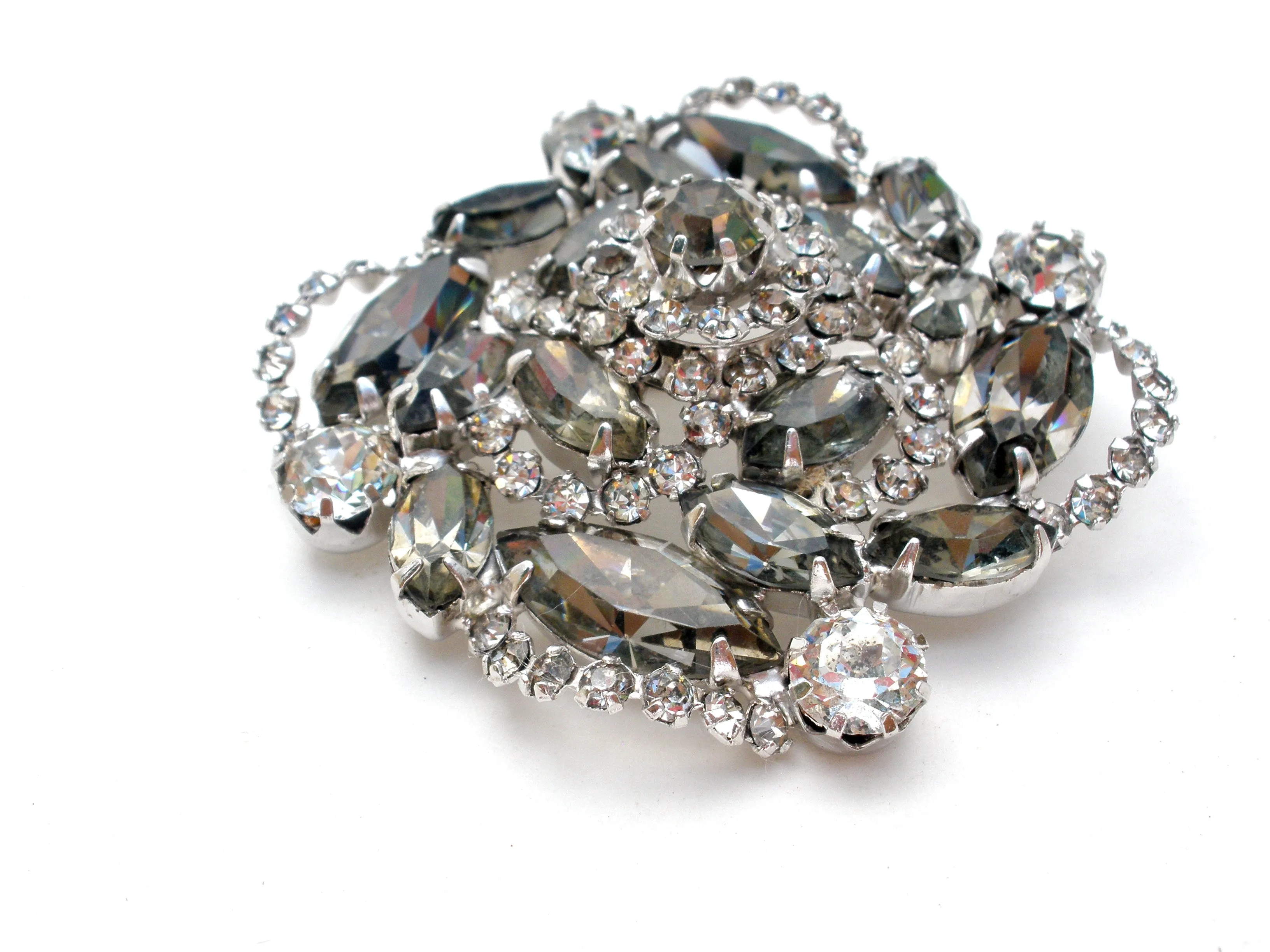 Gray & Clear Rhinestone Brooch Pin Vintage