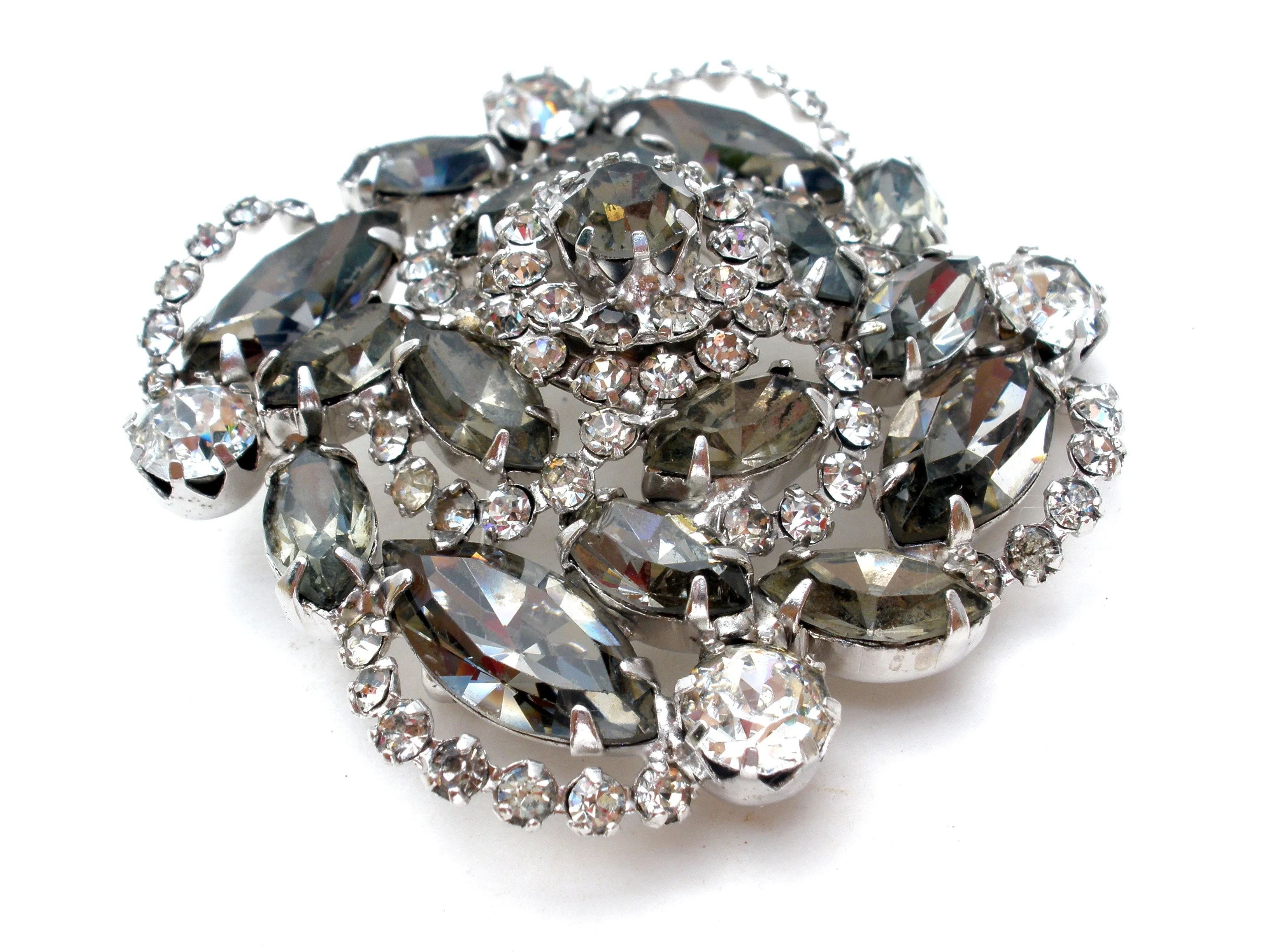 Gray & Clear Rhinestone Brooch Pin Vintage